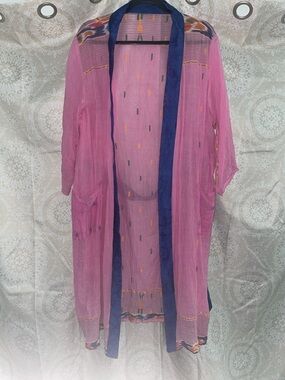 Sheer Pink Open Kimono Cardigan with Navy Trim with Pockets<3